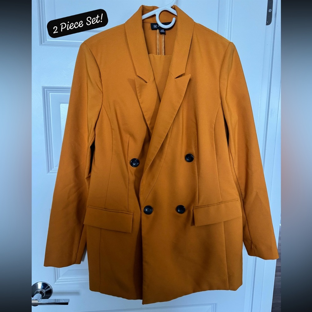 🔥 INC Mustard Power Suit Set | Double Breasted Blazer & Wide Leg Trousers